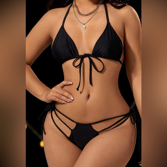 Black Halter Tie Front Strappy Side Tie Bikini Set - Picture 4 of 9